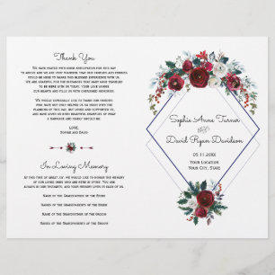 Charm Burgundy Bloral Navy Blue Wedding Programm