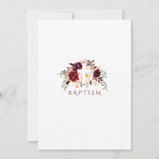 Charm Burgundy Blush Bloral White Cross Taufe Einladung (Rückseite)