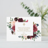 Charm Burgundy Blush Blume Cross Girl Baptisse Dankeskarte (Stehend Vorderseite)