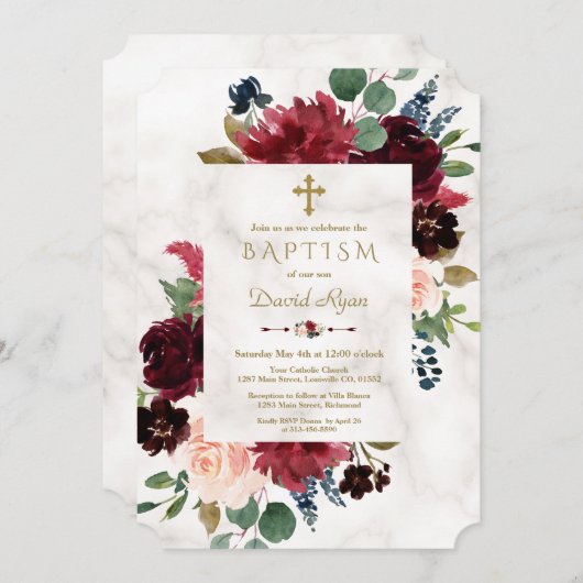 Charm Burgundy Blush Blume Kreuzen Marmortaufen Einladung (Vorne/Hinten)
