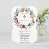 Charm Burgundy Blush Elfenbeinblümchen Taufe Einladung (Stehend Vorderseite)