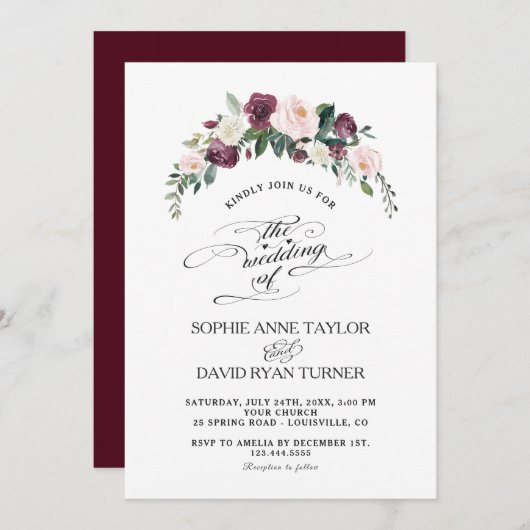 Charm Burgundy Blush Elfenbeinblut Hochzeit Einladung (Vorne/Hinten)