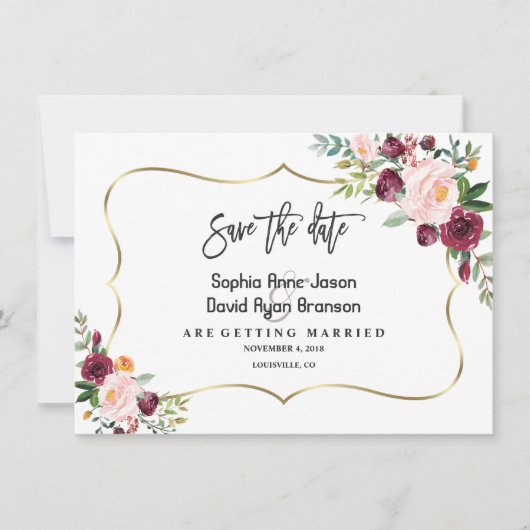 Charm Burgundy Blush Floral Gold Save the Date (Vorderseite)
