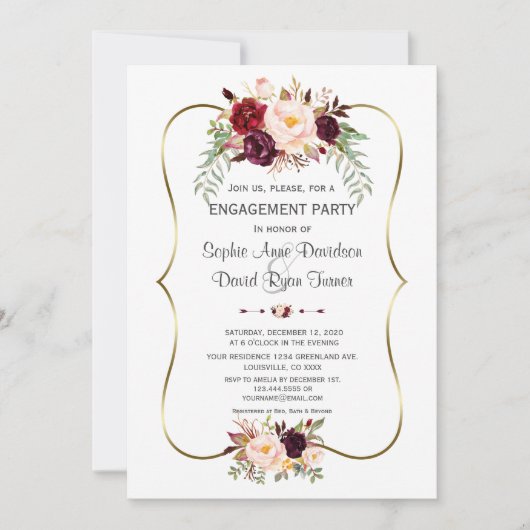 Charm Burgundy Blush Floral Gold Verlobung Einladung (Vorderseite)