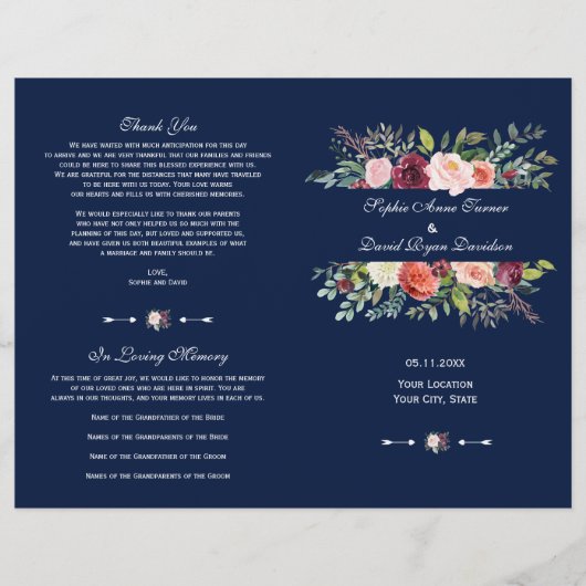 Charm Burgundy Floral Frame Dark Blue Program (Vorderseite)