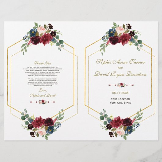 Charm Burgundy Floral Gold Frame Wedding Programm Flyer (Vorne)
