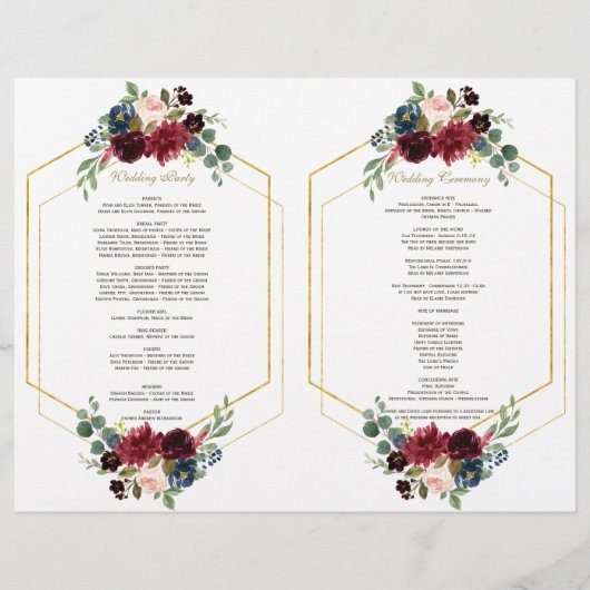 Charm Burgundy Floral Gold Frame Wedding Programm Flyer (Hinten)