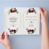 Charm Burgundy Floral Gold Frame Wedding Programm Flyer (Hand)
