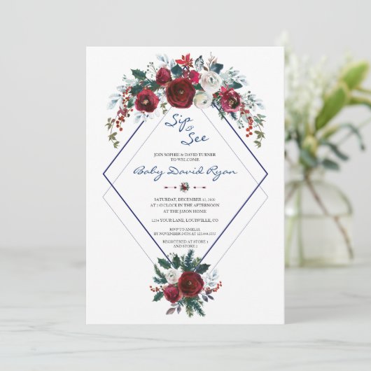 Charm Burgundy Floral Navy Sip & See Baby Dusche Einladung (Stehend Vorderseite)