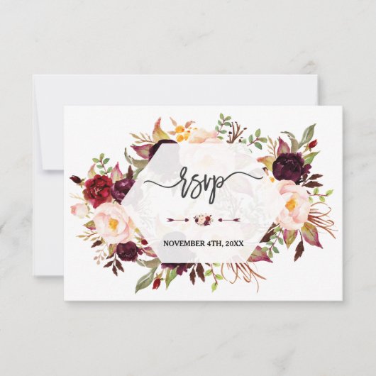 Charm Burgundy Marsala Floral Geometric Wedding RSVP Karte (Vorderseite)
