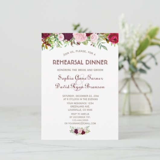 Charm Burgundy Marsala Probe Dinner Einladung (Stehend Vorderseite)