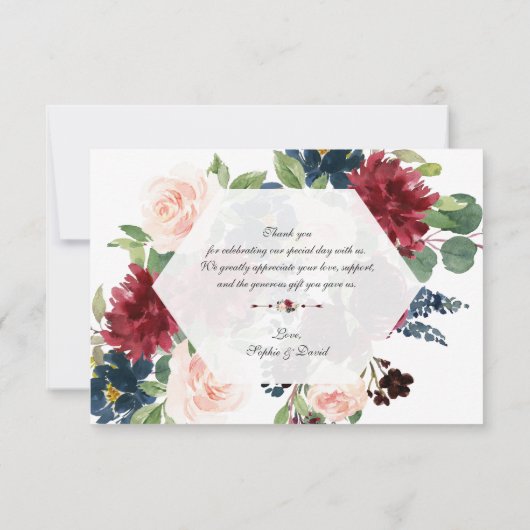 Charm Burgundy Navy Blue Floral Hexagon Rahmen Dankeskarte (Rückseite)