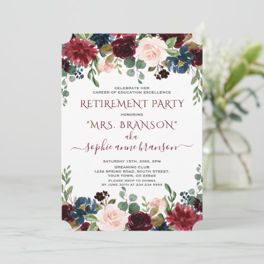 Charm Burgundy Navy Blue Floral Retirement Party Einladung (Stehend Vorderseite)