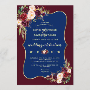 Charm Burgundy Navy Blue Gold Floral Wedding Einladung