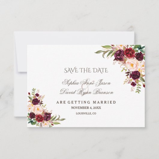 Charm Burgundy Red Marsala Floral Save the Date (Vorderseite)