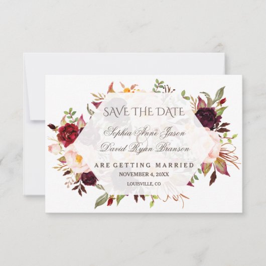 Charm Burgundy Red Marsala Floral Save the Date (Vorderseite)
