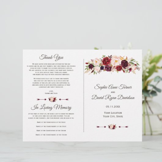 Charm Burgundy Red Marsala Floral Wedding Program (Stehend Vorderseite)