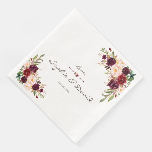 Charm Burgundy Red Marsala Floral Wedding Serviette (Ecke)