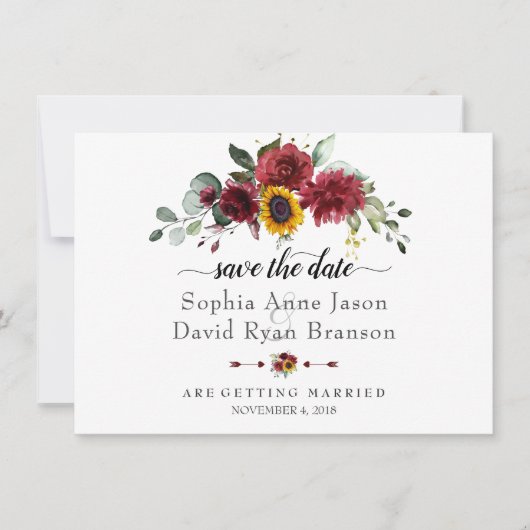 Charm Burgundy Sonnenblumen Hochzeitkalligraphie Save The Date (Vorderseite)