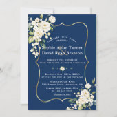 Charm Delicate White Floral Gold Navy Blue Wedding Einladung (Vorderseite)