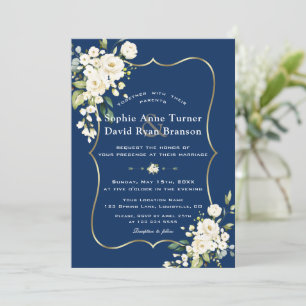 Charm Delicate White Floral Gold Navy Blue Wedding Einladung