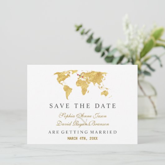 Charm Destination Gold World Map Wedding Save The Date (Stehend Vorderseite)