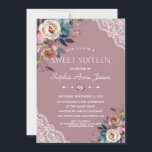 Charm Dusty Blue Dusty Rose Blume 16 . Geburtstag Einladung<br><div class="desc">Whimsikisches Design mit zarten staubblauen,  staubigen Rose Aquarellbouquets,  Blumenspalte,  Spitzen-Ecken,  auf einem staubigen Hintergrund der Rose. Als Vorlage ist es einfach,  Ihre Informationen hinzuzufügen,  Schriftart zu ändern,  Farben. Für passende Artikel,  besuchen Sie bitte meine Dusty Rose Blume Collection.</div>