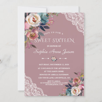 Charm Dusty Blue Dusty Rose Blume 16 . Geburtstag Einladung