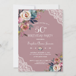 Charm Dusty Blue Dusty Rose Blume 50. Geburtstag Einladung
