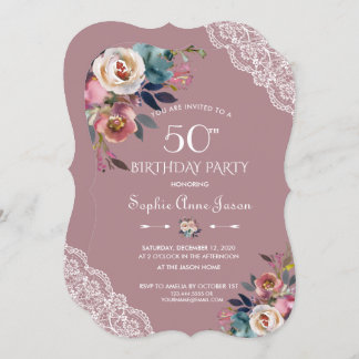 Charm Dusty Blue Dusty Rose Blume 50. Geburtstag Einladung