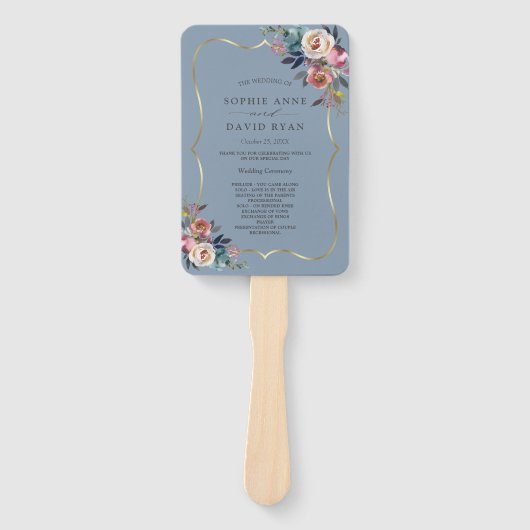 Charm Dusty Blue Floral Misty Rose Gold Wedding Fächer (Vorderseite)