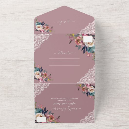 Charm Dusty Blue Misty Rose Blume Hochzeit All In One Einladung (Außenbereich)