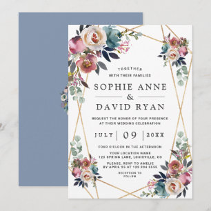 Charm Dusty Blue Misty Rose Floral Gold Wedding Einladung