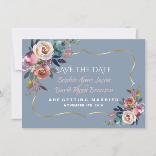 Charm Dusty Blue Misty Rose Gold Wedding Save The Date (Vorderseite)