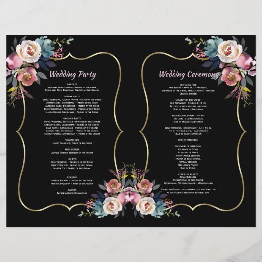 Charm Dusty Blue Pink Blume Gold Wedding Programm (Rückseite)