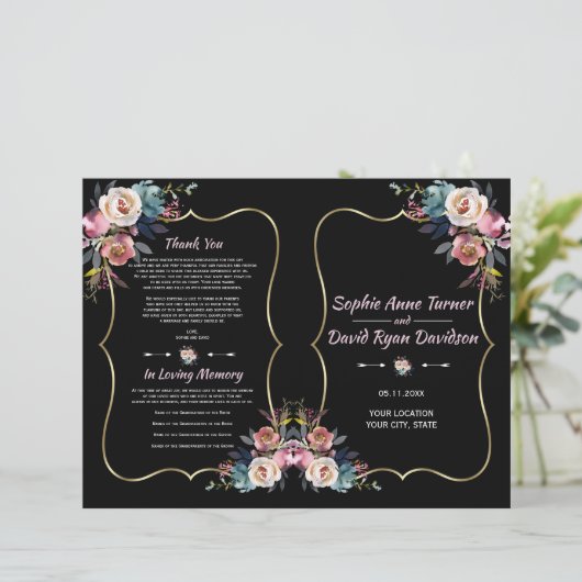 Charm Dusty Blue Pink Blume Gold Wedding Programm (Stehend Vorderseite)