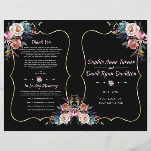 Charm Dusty Blue Pink Blume Gold Wedding Programm (Vorderseite)