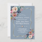 Charm Dusty Blue Pink Floral Gold Probe Dinner Einladung (Vorderseite)