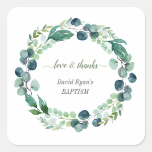 Charm Eucalyptus Foliage Wreath Boy Baptisse Quadratischer Aufkleber
