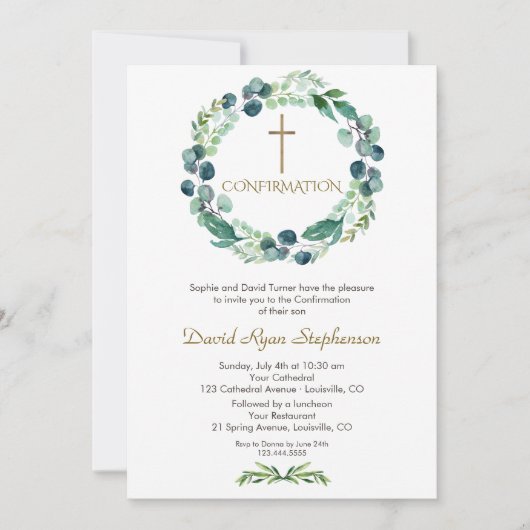 Charm Eukalyptus Foliage Cross Boy Bestätigung Einladung (Vorderseite)