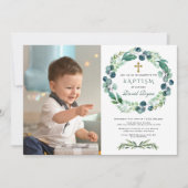 Charm Eukalyptus Foliage Wreath Boy Foto Taufe Einladung (Vorderseite)