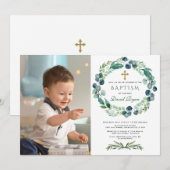 Charm Eukalyptus Foliage Wreath Boy Foto Taufe Einladung (Vorne/Hinten)