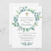 Charm Eukalyptus Greenery Wreath Cross Boy Taufe Einladung (Vorne/Hinten)