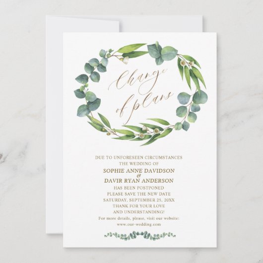 Charm Eukalyptus Wreath Wedding Änderung der Pläne Einladung (Vorderseite)