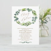 Charm Eukalyptus Wreath Wedding Änderung der Pläne Einladung (Stehend Vorderseite)