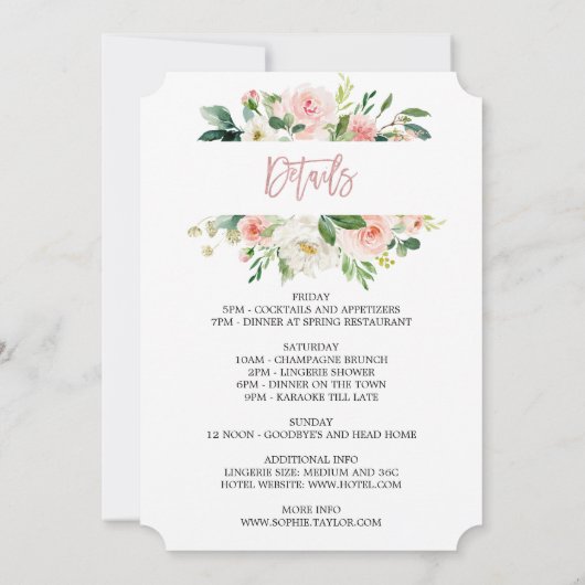 Charm Floral Rose Gold Bachelorette Wochenende Par Einladung (Rückseite)