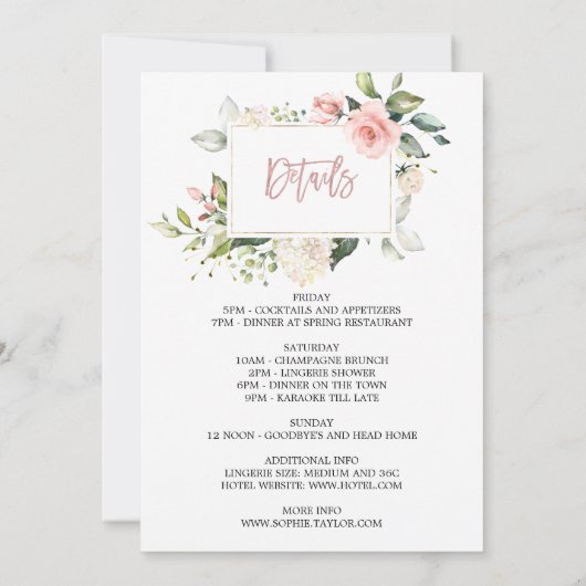 Charm Floral Rose Gold Bachelorette Wochenende Par Einladung (Rückseite)