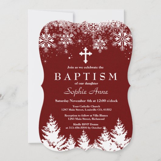 Charm Girl Winter Schneeflocken Roter Glitzer Tauf Einladung (Vorderseite)