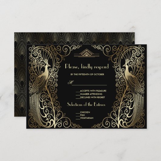 Charm Gold Art Deco Peacocks Wedding RSVP (Vorne/Hinten)