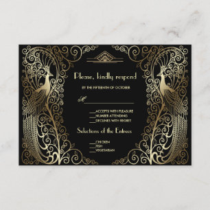 Charm Gold Art Deco Peacocks Wedding RSVP Karte